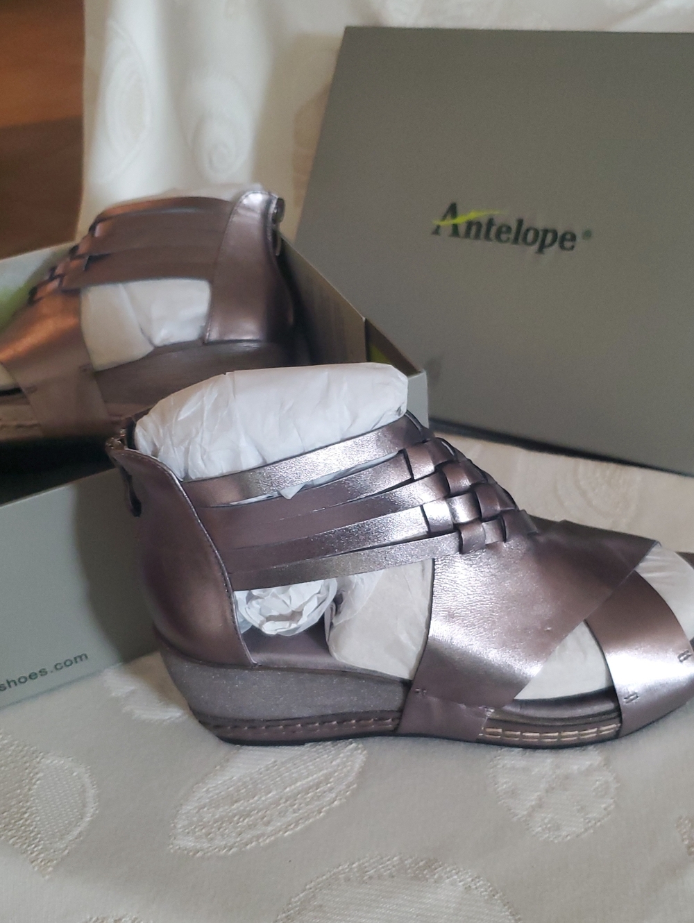 Antelope Metallic Pewter Woven Leather Wedge Sandals - Shimmery Gray